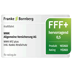Ratingsiegel von Franke und Bornberg FFF+ hervorragend für die WWK KFZ plus inklusive Kasko XtraSchutz
