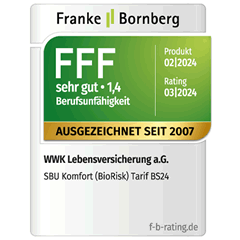 Ratingsiegel von Franke und Bornberg FFF sehr gut für die selbstständige Berufsunfähigkeitsversicherung Komfort WWK BioRisk