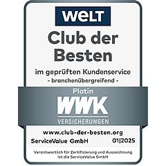 Ratingsiegel der Zeitung die Welt, die WWK gewinnt Platin im Club der Besten für ihren Kundenservice