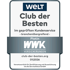 Ratingsiegel der Zeitung die Welt, die WWK gewinnt Platin im Club der Besten für ihren Kundenservice