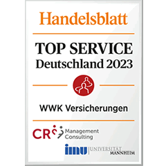Ratingsiegel vom Handelsblatt Die WWK wurde zum 10. Mal für den TOP Service in Deutschland für das Jahr 2025 ausgezeichnet