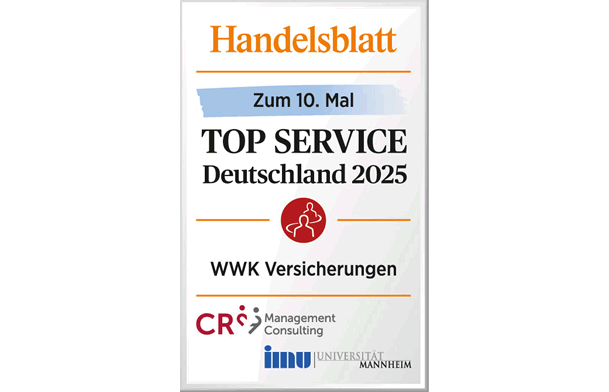 Ratingsiegel vom Handelsblatt Die WWK wurde zum 10. Mal für den TOP Service in Deutschland für das Jahr 2025 ausgezeichnet