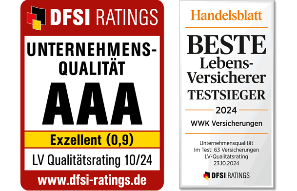 Zwei Ratingsiegel nebeneinander DFSI Ratings bescheinigen der WWK die Unternehmensqualität AAA also Exzellent und beim Handelsblatt ist die WWK der beste Lebensversicherer