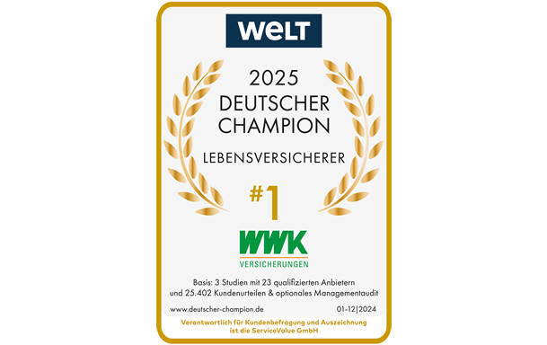 Ratingsiegel von der Zeitung Welt die WWK ist Deutscher Champion der Lebensversicherer