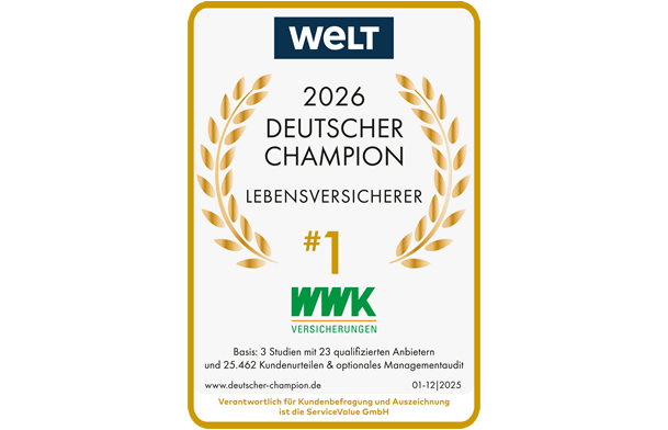 Ratingsiegel von der Zeitung Welt die WWK ist Deutscher Champion der Lebensversicherer