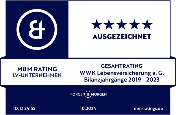 Ratingsiegel von Morgen & Morgen die WWK ist ausgezeichnet im Gesamtrating der Lebensversicherungsunternehmen für die Bilanzjahrgänge 2019-2023