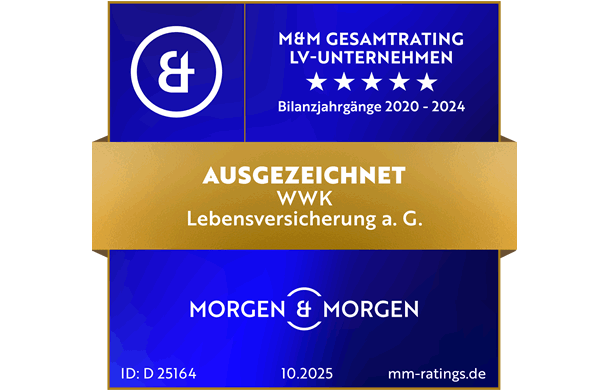 Ratingsiegel von Morgen & Morgen die WWK ist ausgezeichnet im Gesamtrating der Lebensversicherungsunternehmen für die Bilanzjahrgänge 2019-2023